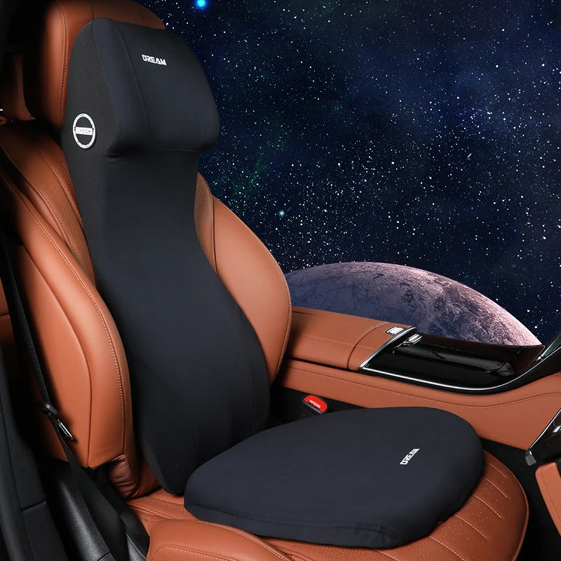 Lederen Hoofdsteun en Lendensteun met Traagschuim voor Auto, Zwart 16