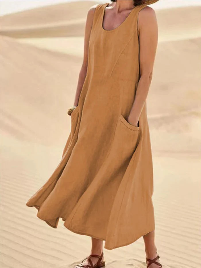 Linnen Midi Jurk Dames A-lijn Mouwloos met Voorvak voor Zomer en Dagelijks Gebruik 7