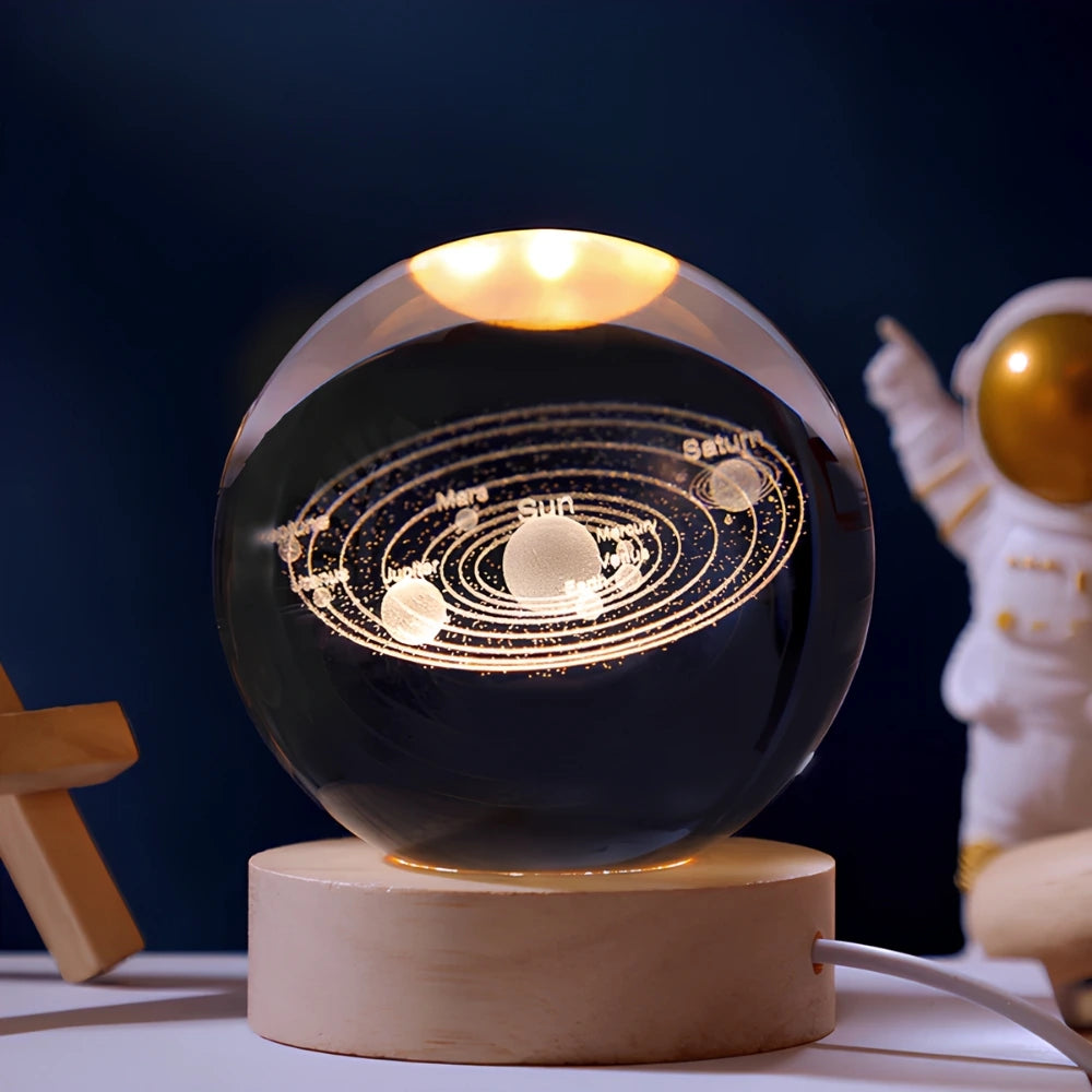 StellaGlow – Lámpara de Bola 3D Kristallen con Grabados Celestiales y Luz Cálida