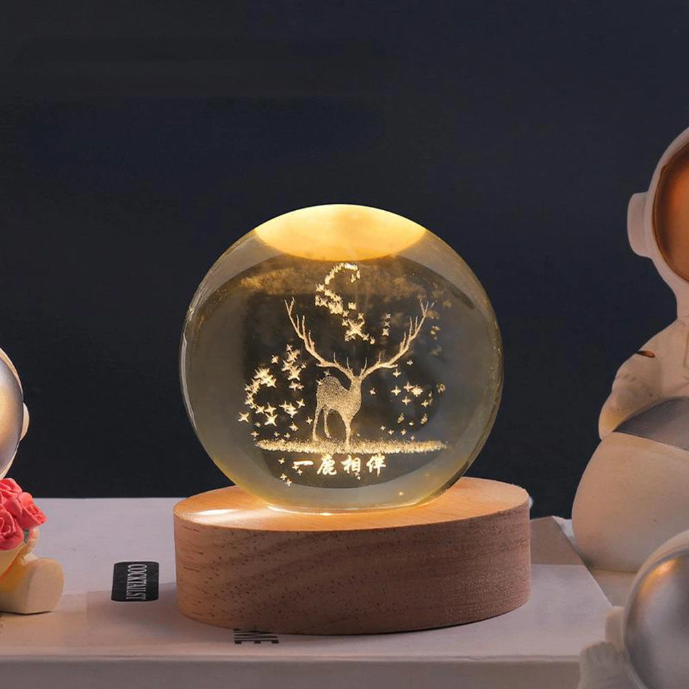 StellaGlow – Lámpara de Bola 3D Kristallen con Grabados Celestiales y Luz Cálida