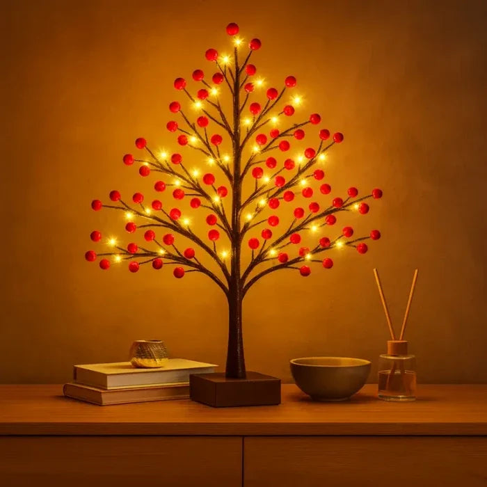 Holly Berry Tabletop Tree Lamp – Berry-Covered Branches with Warm Fairy Lights Tevako
