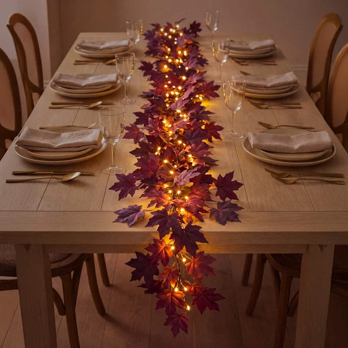 Burgundy Maple Leaf Garland – Bendable Autumn Vine with Woven Fairy Lights Tevako