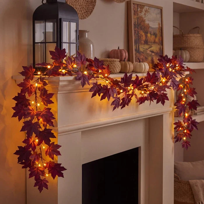 Burgundy Maple Leaf Garland – Bendable Autumn Vine with Woven Fairy Lights Tevako