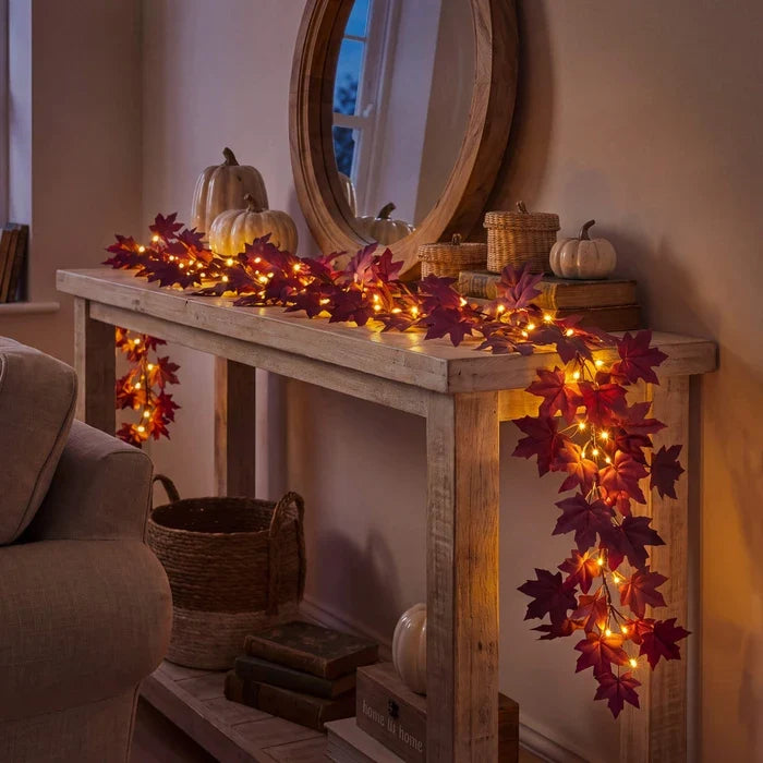 Burgundy Maple Leaf Garland – Bendable Autumn Vine with Woven Fairy Lights Tevako