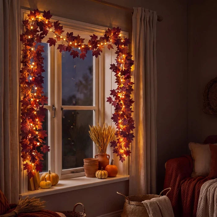 Burgundy Maple Leaf Garland – Bendable Autumn Vine with Woven Fairy Lights Tevako