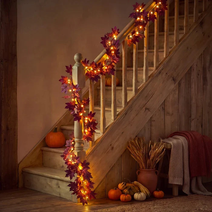 Burgundy Maple Leaf Garland – Bendable Autumn Vine with Woven Fairy Lights Tevako