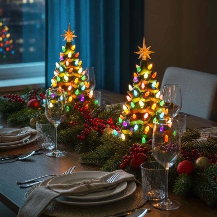Vintage Christmas Tree Lamp – Sculpted Evergreen with Star Topper and Lights Tevako