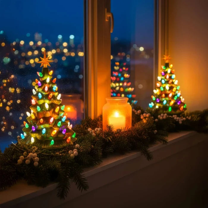 Vintage Christmas Tree Lamp – Sculpted Evergreen with Star Topper and Lights Tevako