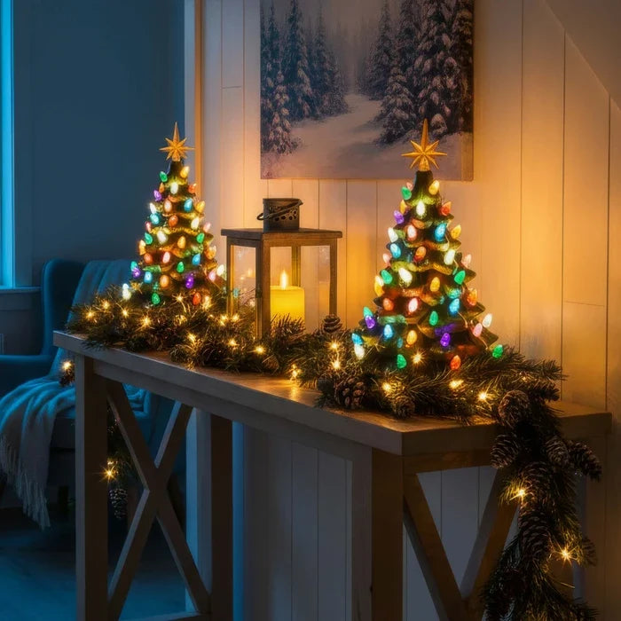 Vintage Christmas Tree Lamp – Sculpted Evergreen with Star Topper and Lights Tevako