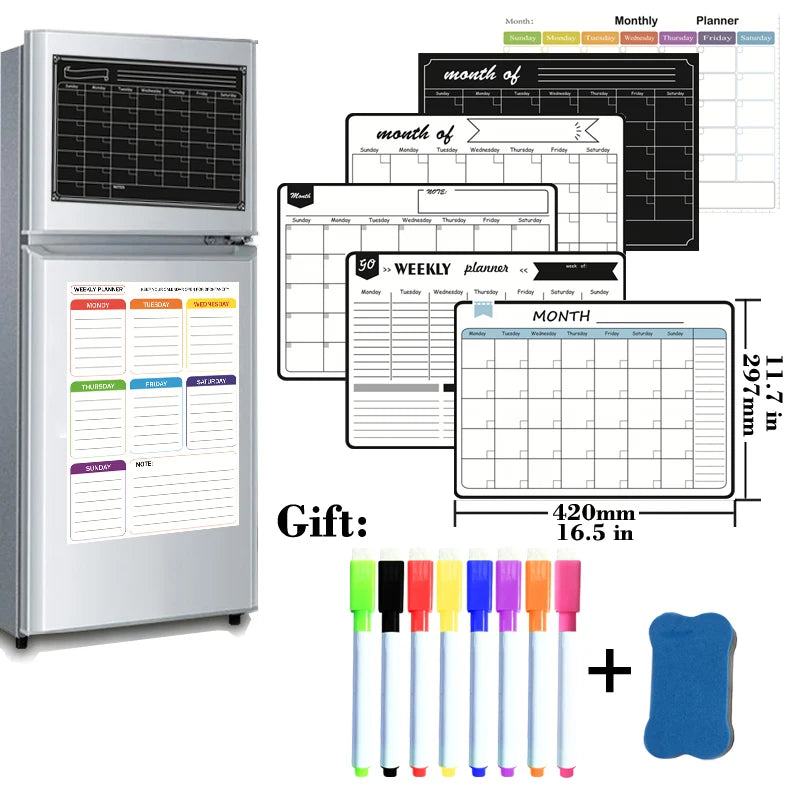 Magnetische A3 Planner – Droog Uitwisbaar Whiteboard met 8 Markers en Gum voor Maand- en Weekplanning 0