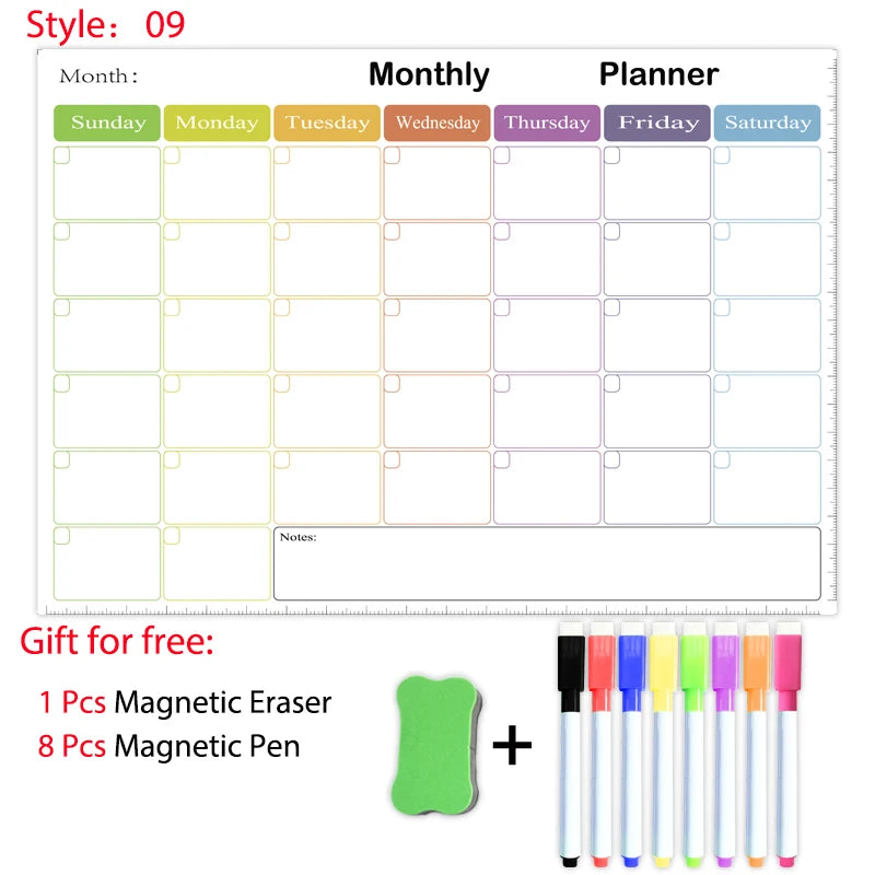Magnetische A3 Planner – Droog Uitwisbaar Whiteboard met 8 Markers en Gum voor Maand- en Weekplanning 12