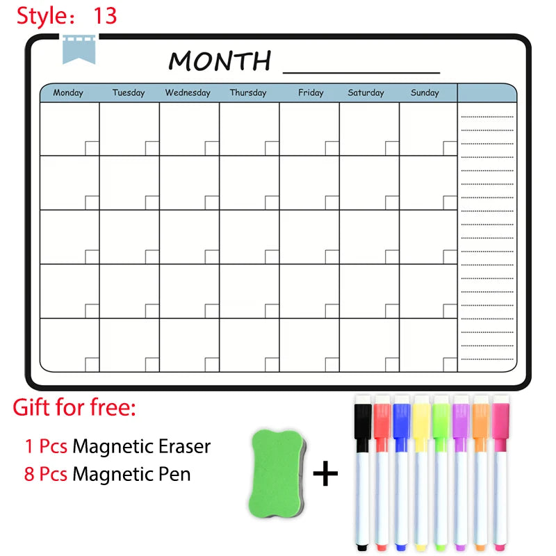 Magnetische A3 Planner – Droog Uitwisbaar Whiteboard met 8 Markers en Gum voor Maand- en Weekplanning 6
