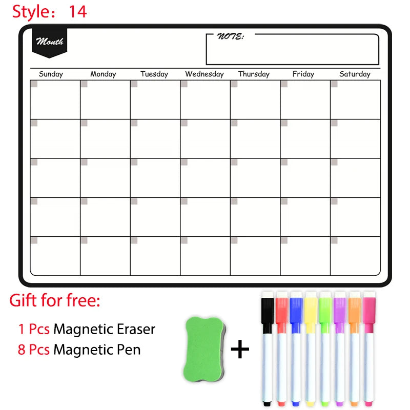 Magnetische A3 Planner – Droog Uitwisbaar Whiteboard met 8 Markers en Gum voor Maand- en Weekplanning 8