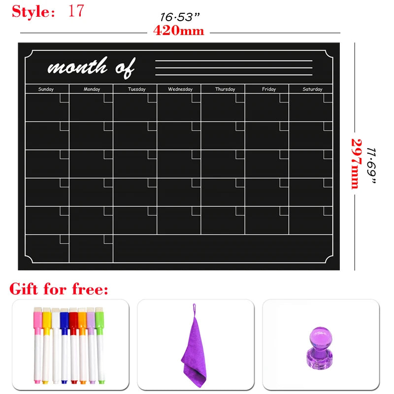 Magnetische A3 Planner – Droog Uitwisbaar Whiteboard met 8 Markers en Gum voor Maand- en Weekplanning 9