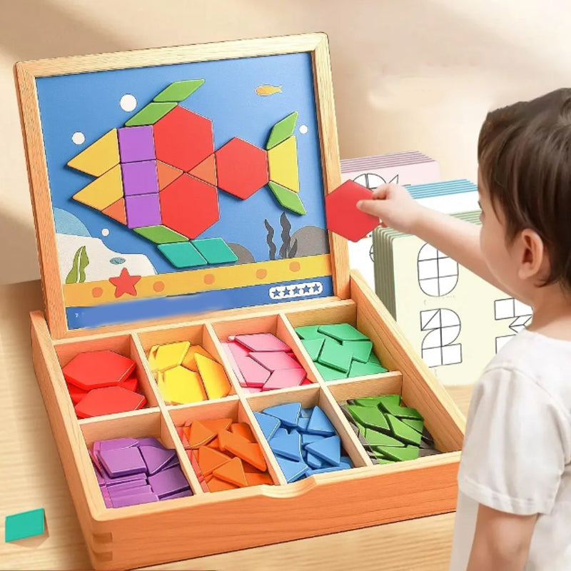 Magnetische houten puzzel – mozaïek leerspel met magnetisch bord en kleurrijke vormen 0