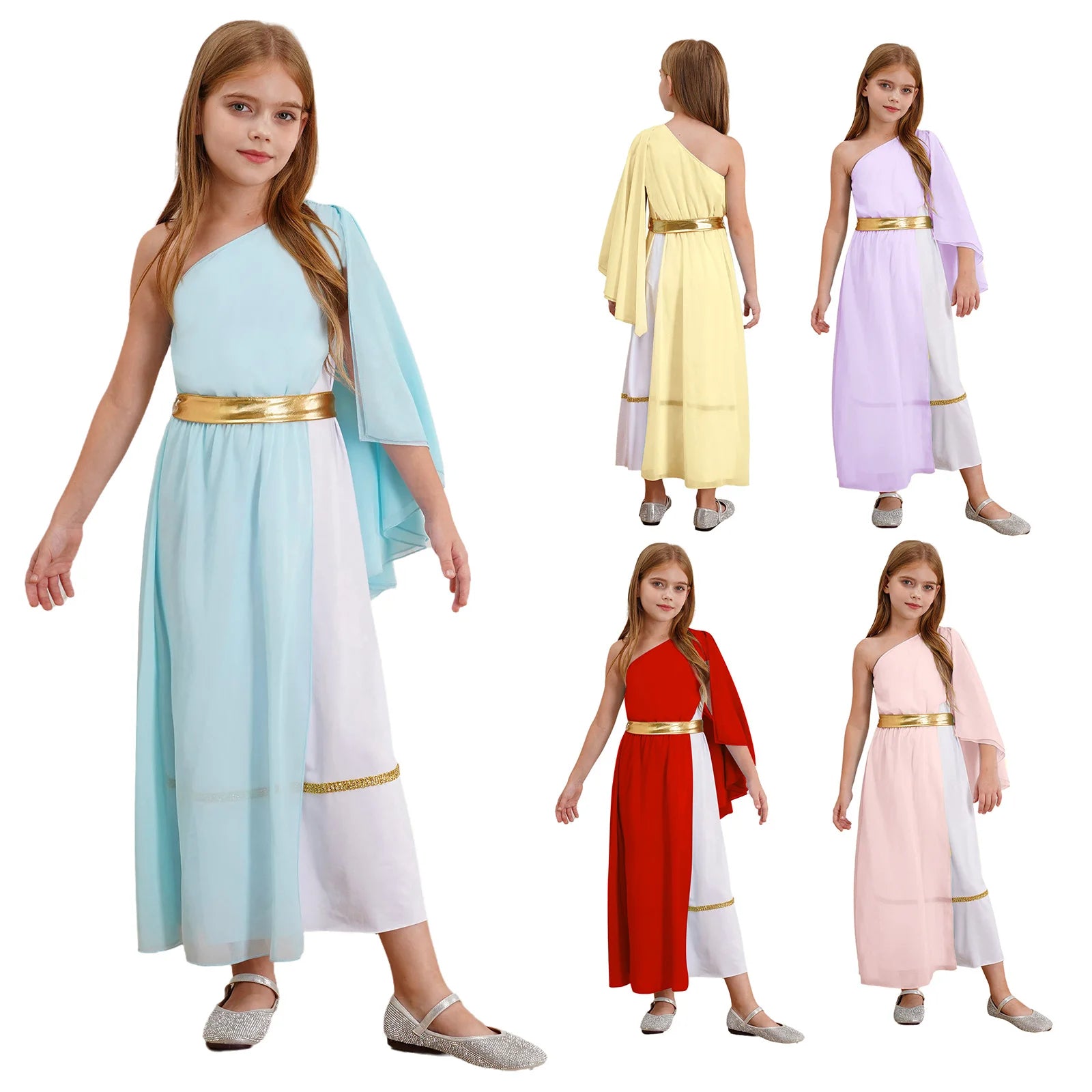 Meisjes Jurk – Griekse Toga met Ruches, Eén Schouder, Maxi voor Dans en Cosplay 4