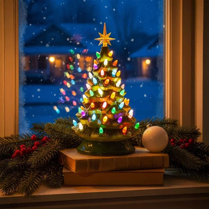 Vintage Christmas Tree Lamp – Sculpted Evergreen with Star Topper and Lights Tevako