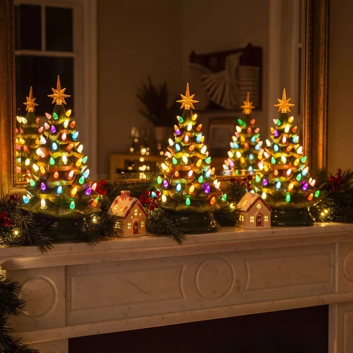Vintage Christmas Tree Lamp – Sculpted Evergreen with Star Topper and Lights Tevako