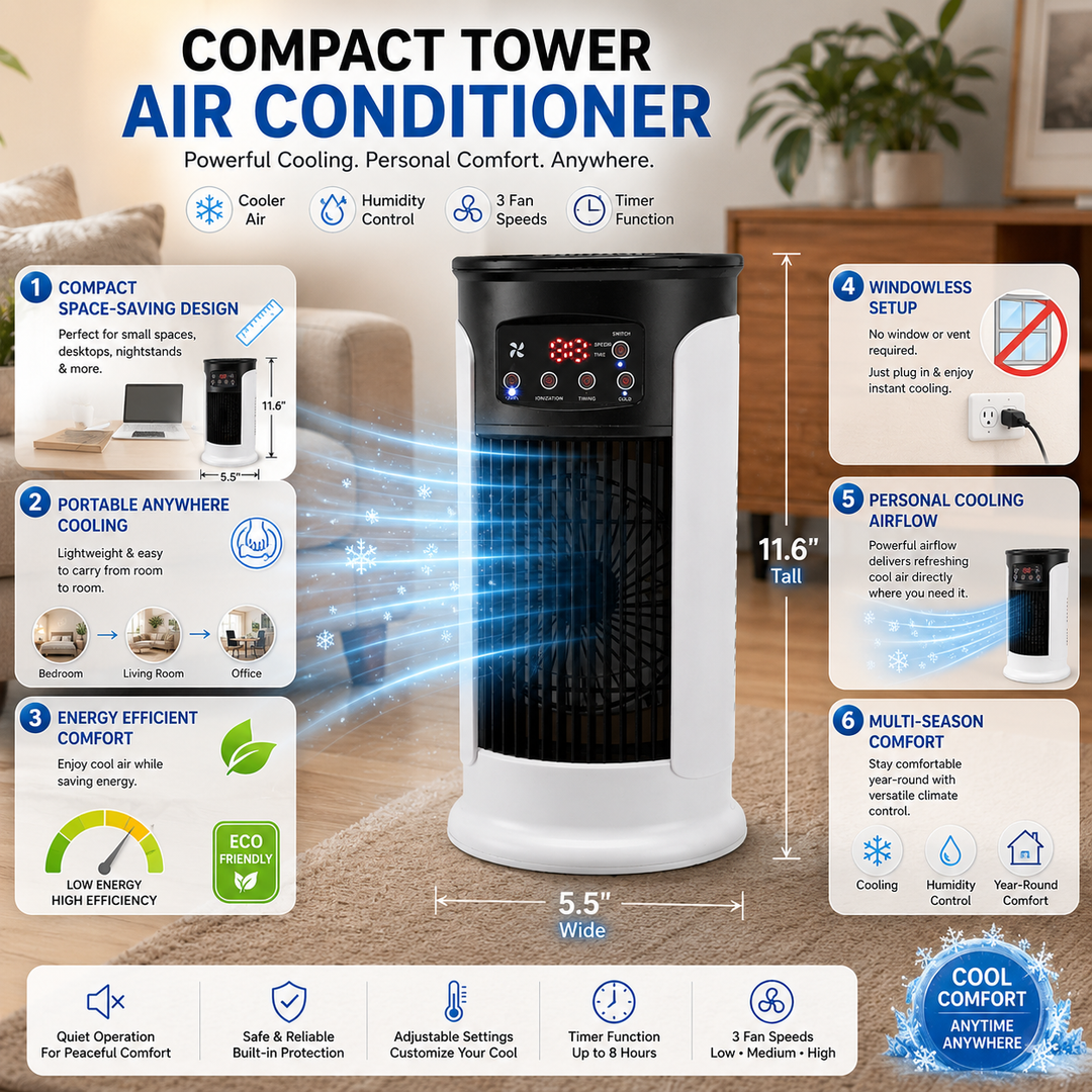 Mini-torenventilator – Compacte ventilator met 3 snelheden en een timer van 8 uur. 1