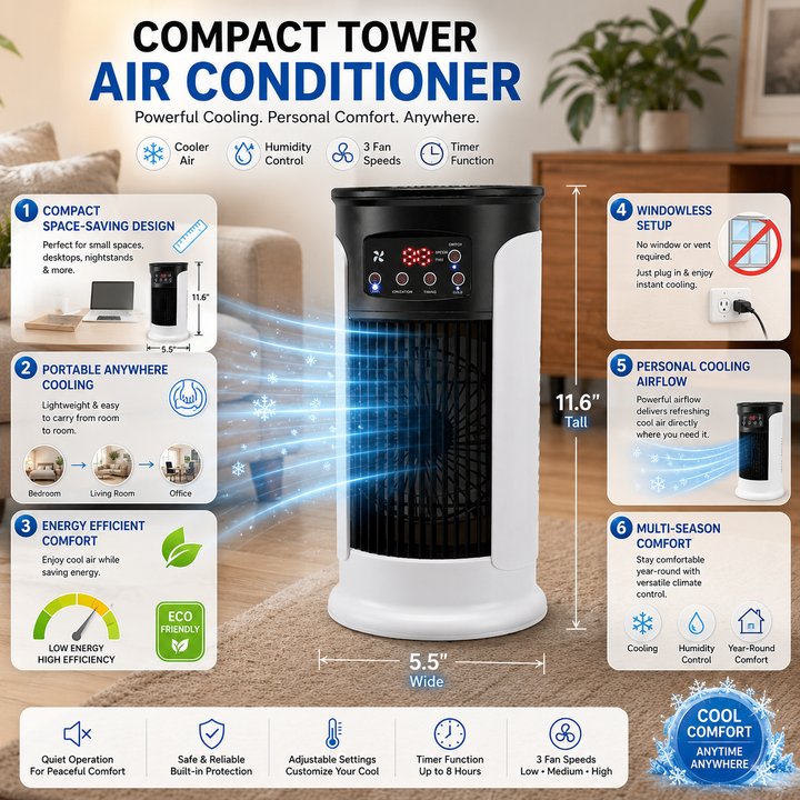 Mini-torenventilator – Compacte ventilator met 3 snelheden en een timer van 8 uur. 1