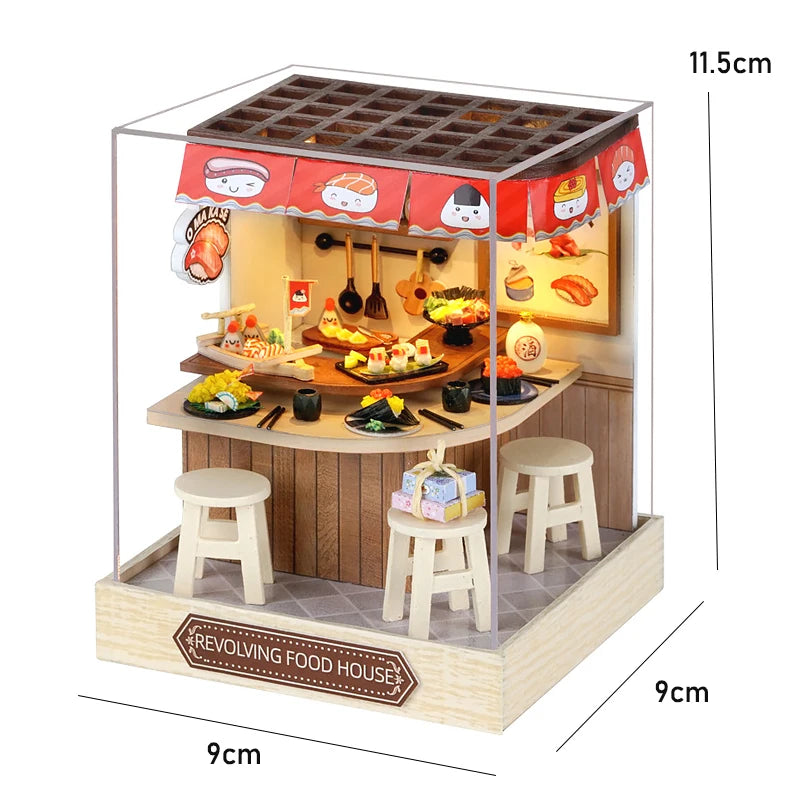Miniatuur houten poppenhuis met LED-verlichting en meubels 14
