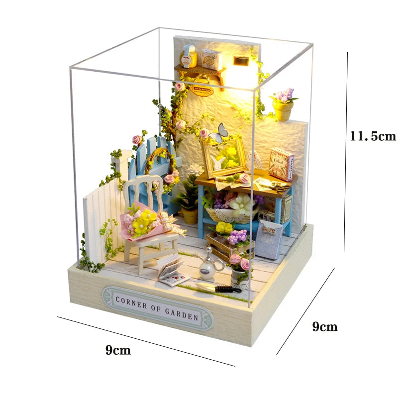 Miniatuur houten poppenhuis met LED-verlichting en meubels 27