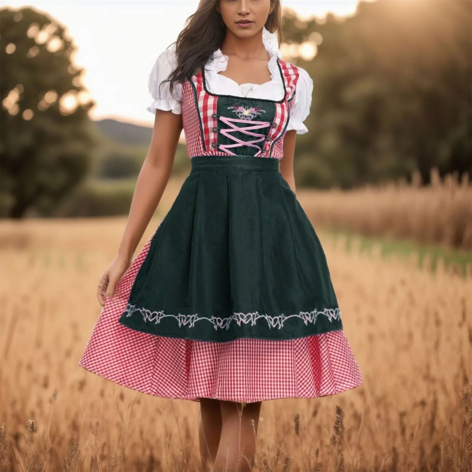 AlpenZauber – Vestit Dirndl Dones Negre-Roig amb Brusa – Per Oktoberfest i Festes