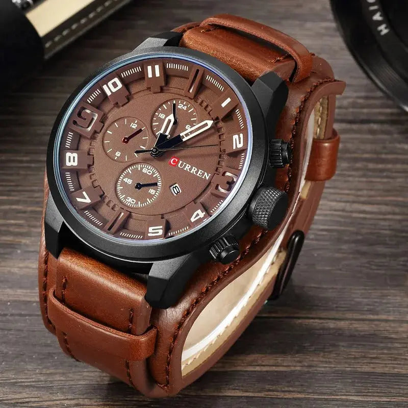Aurevos – Herenchronograaf quartz horloge met leren band & stopwatch