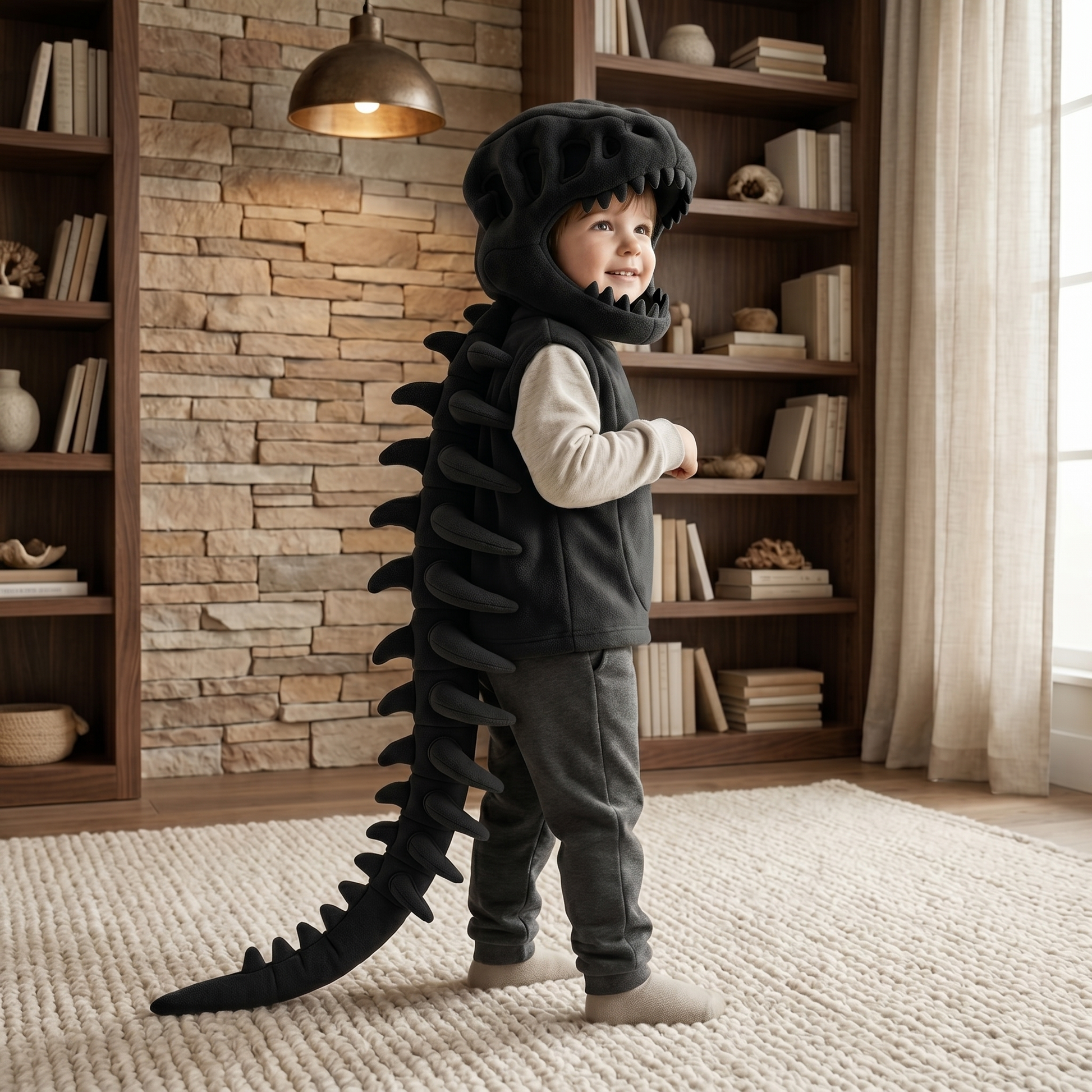 Pluche capuchon met dinosaurusschedel voor kinderen – verkleedkostuum met skeletruggengraat 6