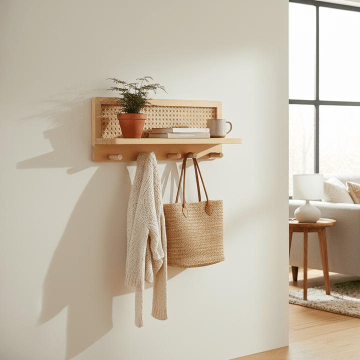 RACKOVA – Houten wandplank met 4 haken voor decoratieve presentatie en functionele ophangruimte 1