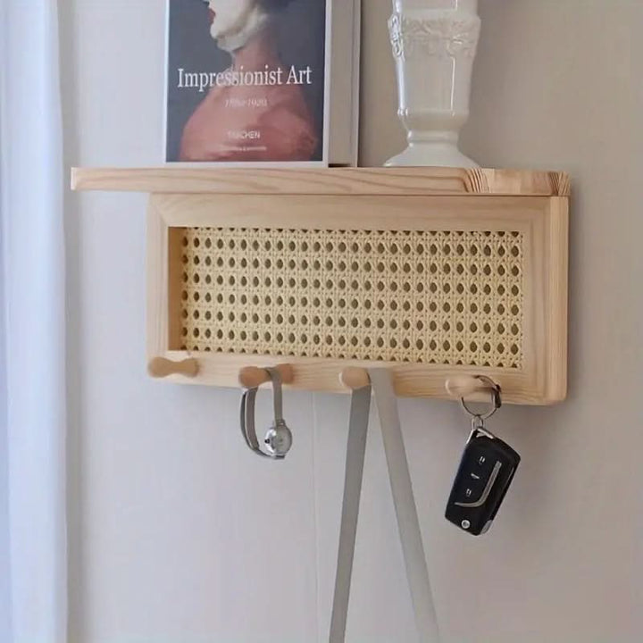 RACKOVA – Houten wandplank met 4 haken voor decoratieve presentatie en functionele ophangruimte 3