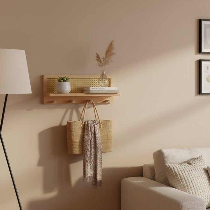 RACKOVA – Houten wandplank met 4 haken voor decoratieve presentatie en functionele ophangruimte 4