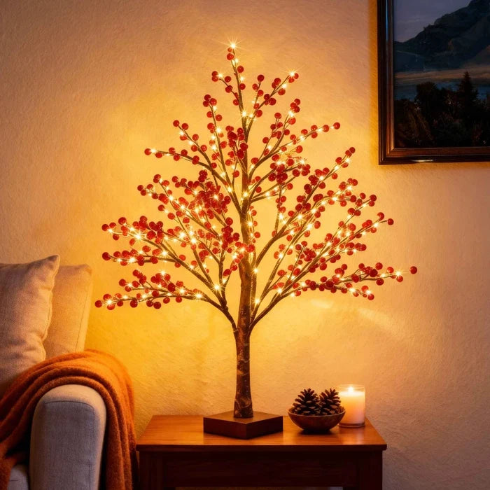 Red Berry Tree Lamp – Tabletop Tree with Realistic Berry Clusters and Warm Light Tevako