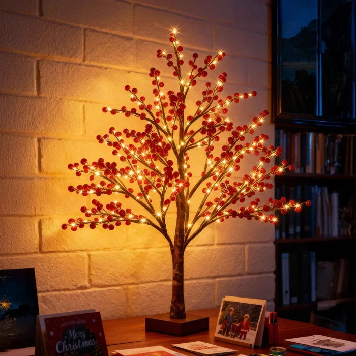 Red Berry Tree Lamp – Tabletop Tree with Realistic Berry Clusters and Warm Light Tevako