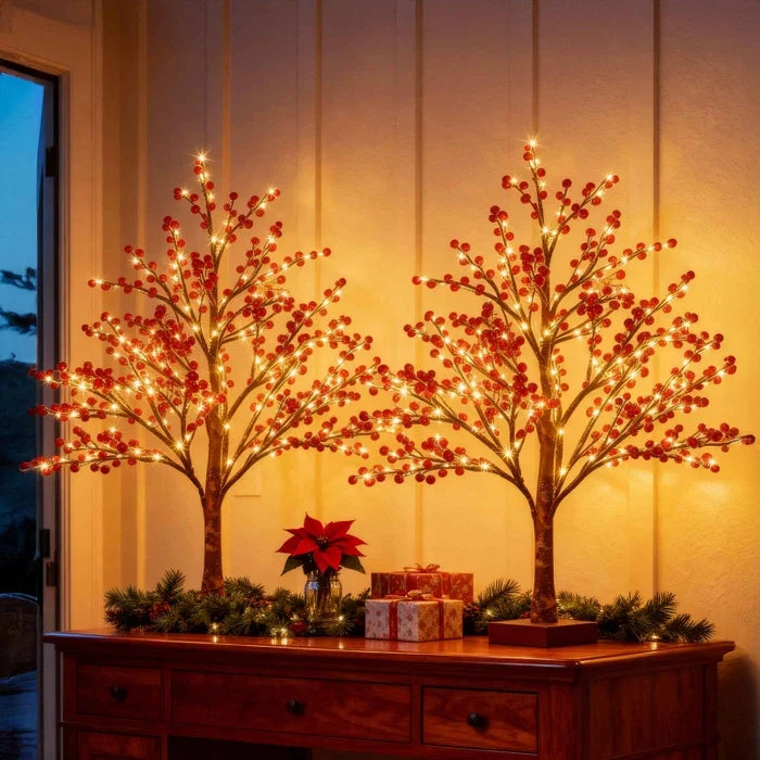 Red Berry Tree Lamp – Tabletop Tree with Realistic Berry Clusters and Warm Light Tevako