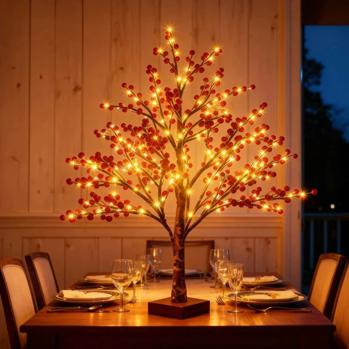 Red Berry Tree Lamp – Tabletop Tree with Realistic Berry Clusters and Warm Light Tevako