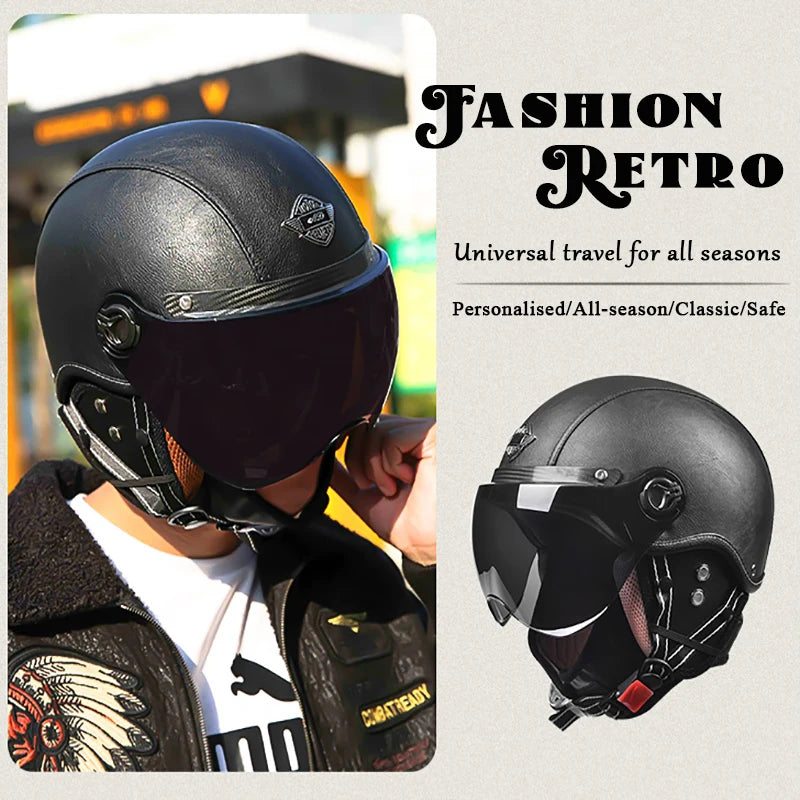 Retro Motorhelm voor Heren met Vizier en Leren Afwerking - Veilig en Comfortabel 1