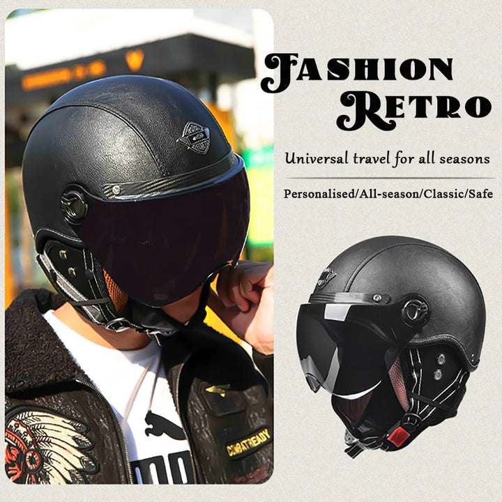 Retro Motorhelm voor Heren met Vizier en Leren Afwerking - Veilig en Comfortabel 1