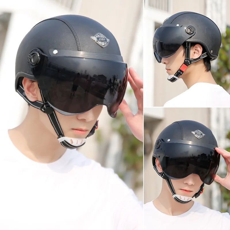 Retro Motorhelm voor Heren met Vizier en Leren Afwerking - Veilig en Comfortabel 2