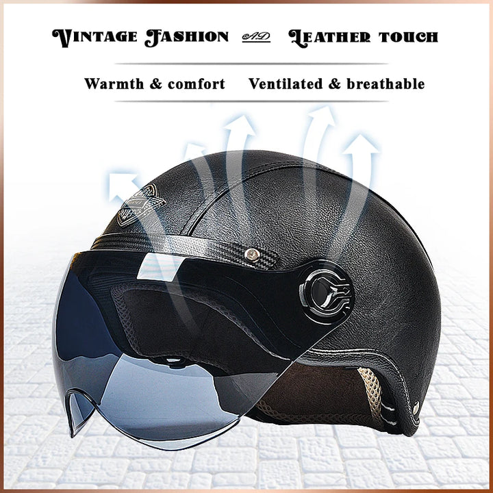 Retro Motorhelm voor Heren met Vizier en Leren Afwerking - Veilig en Comfortabel 3