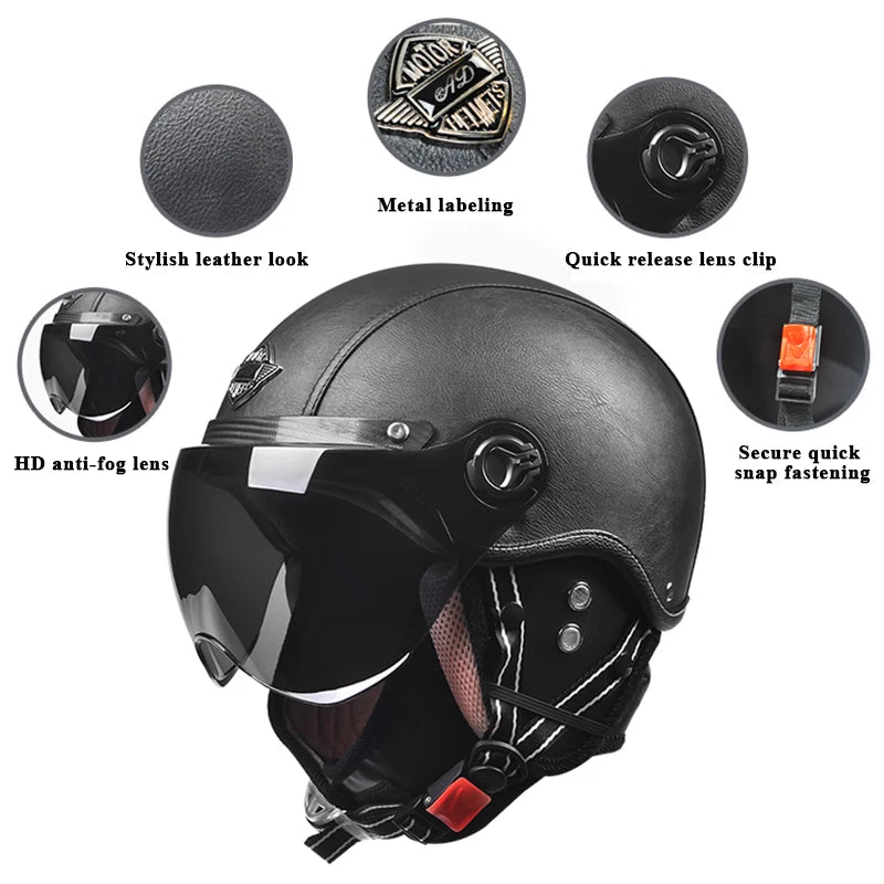 Retro Motorhelm voor Heren met Vizier en Leren Afwerking - Veilig en Comfortabel 5