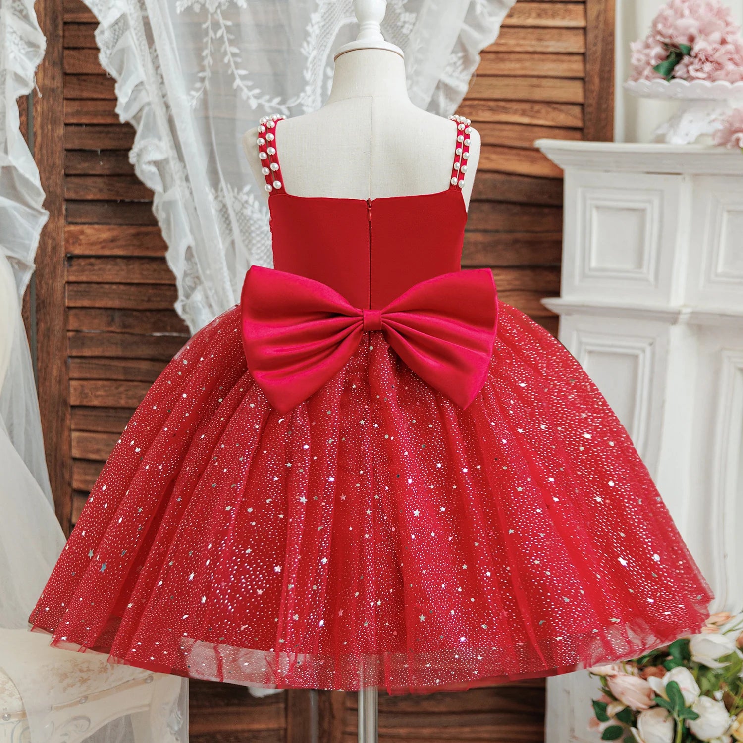 Rode Meisjes Jurk voor Bruiloft, Prinsessenjurk met Pailletten voor 3-8 Jaar 2