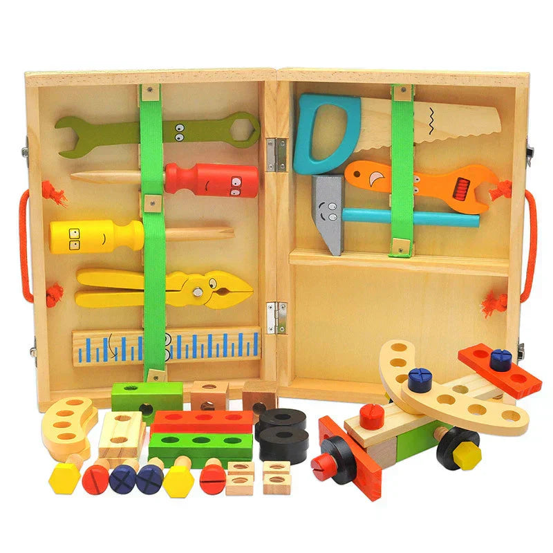 BuildBuddy Cassetta degli attrezzi – Giocattolo da costruzione in legno Montessori per bambini