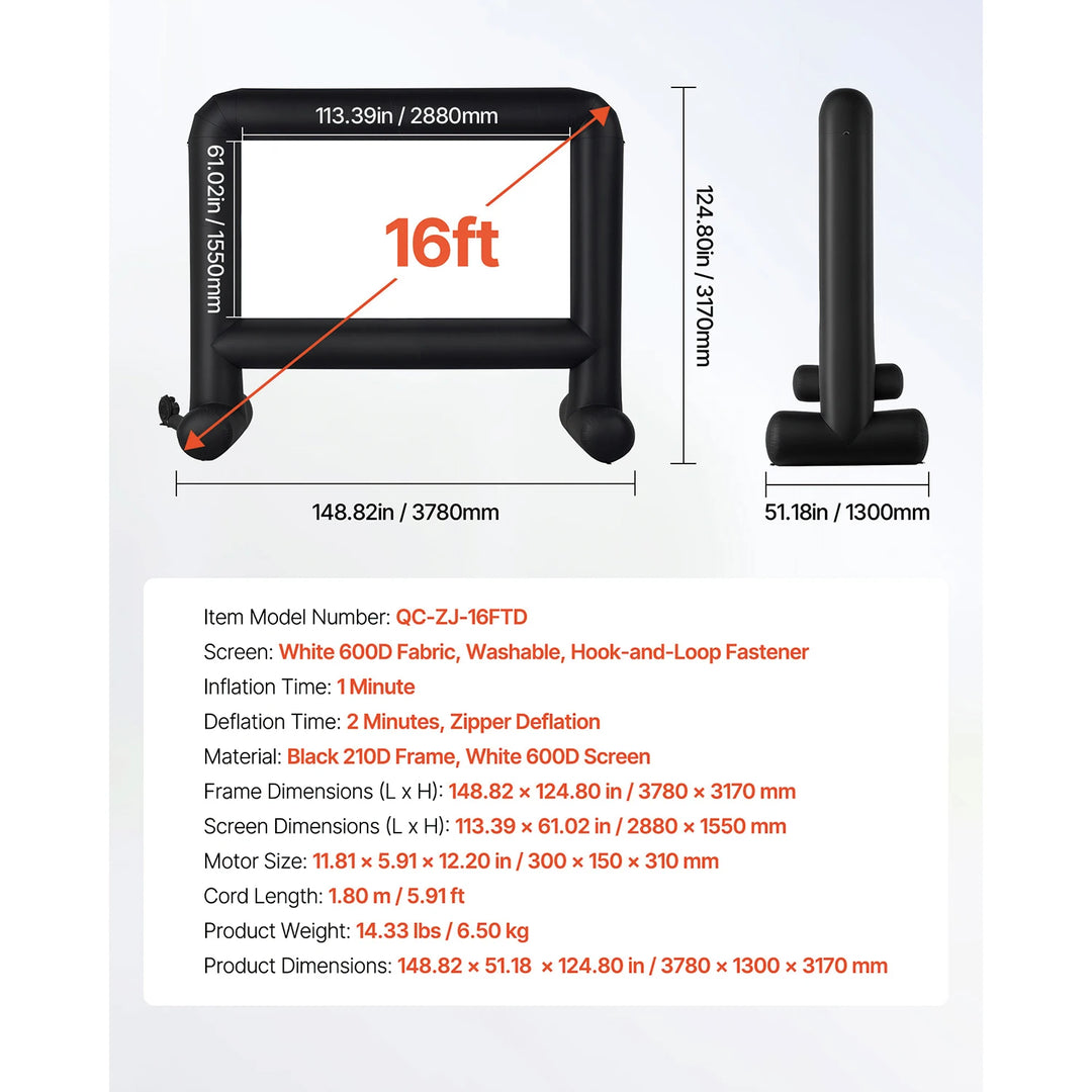 SucceBuy 14/15/16/18/20 FT Inflatable Projector Screen with 120W Air Blower Projector Screen for Outdoor Theater Theme Party VestraGear