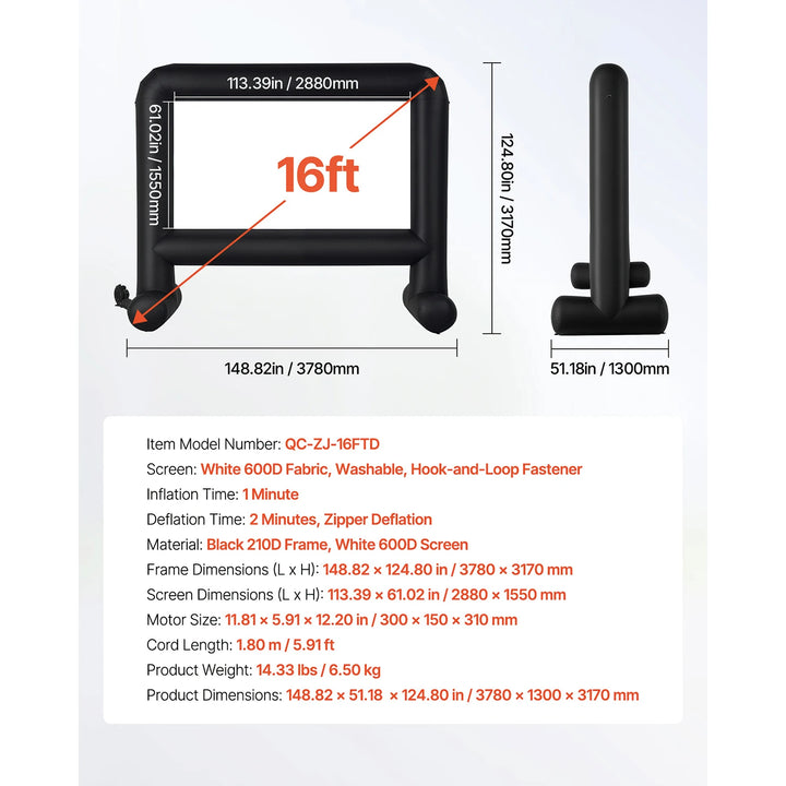 SucceBuy 14/15/16/18/20 FT Inflatable Projector Screen with 120W Air Blower Projector Screen for Outdoor Theater Theme Party VestraGear