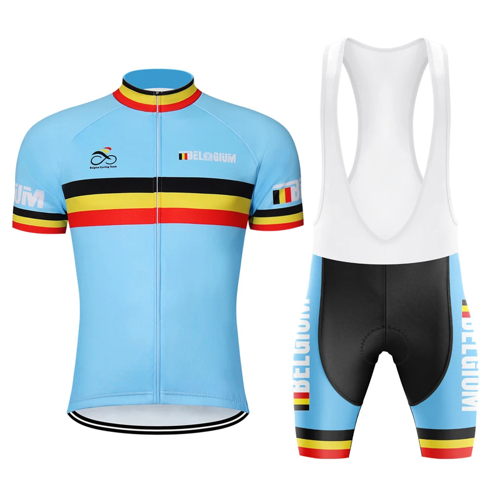 belgium racing Cycling jersey Men Short sleeve Set Bicycle Suit Mtb  Clothes Triathlon Retro Skinsuit Summer Bib shorts Blue VestraGear