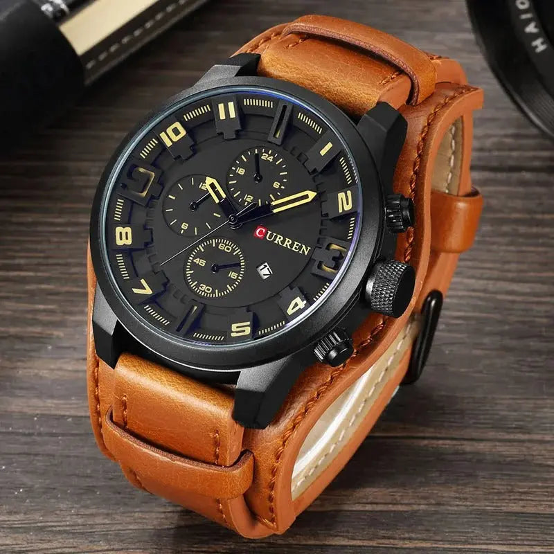 Aurevos – Herenchronograaf quartz horloge met leren band & stopwatch