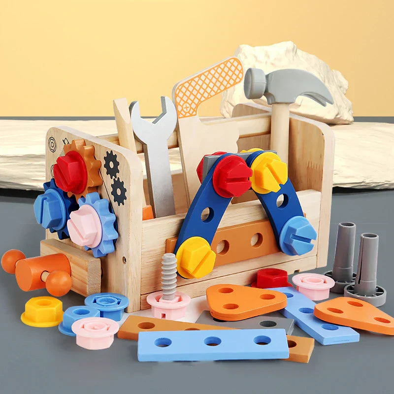 BuildBuddy Cassetta degli attrezzi – Giocattolo da costruzione in legno Montessori per bambini