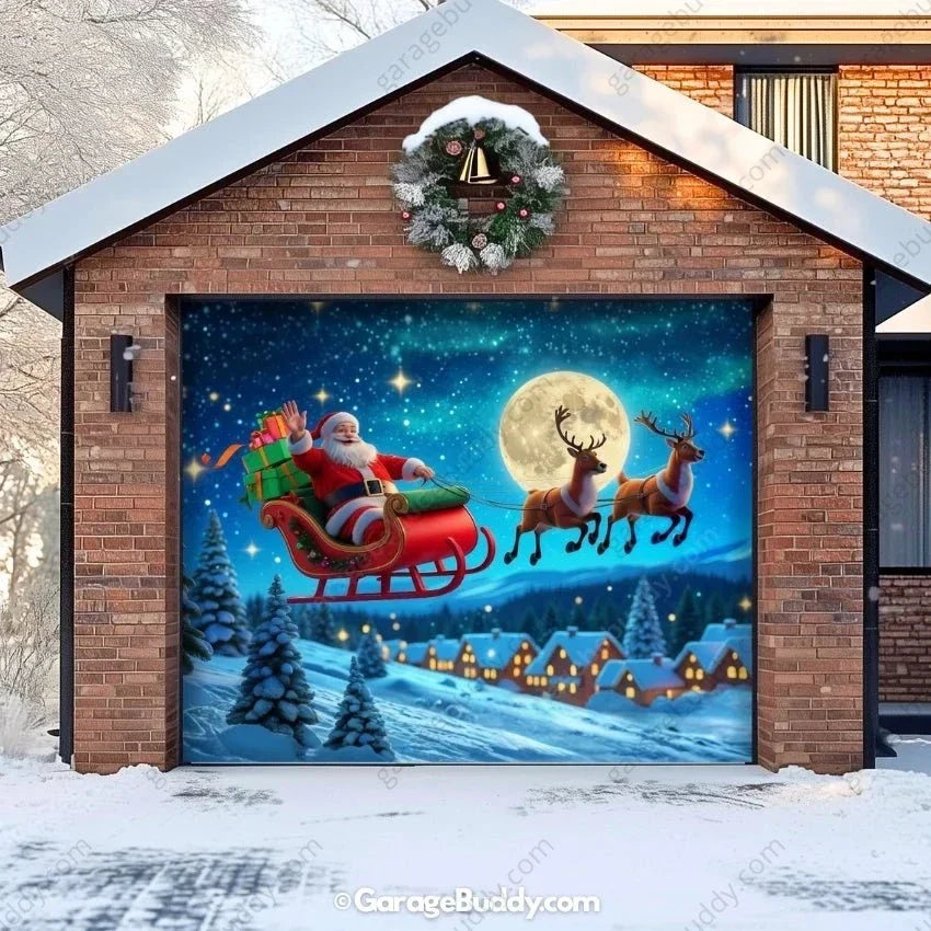 Santa’s Flight Glow Christmas Garage Door Cover – Easy Installation, Festive Holiday Decor 1