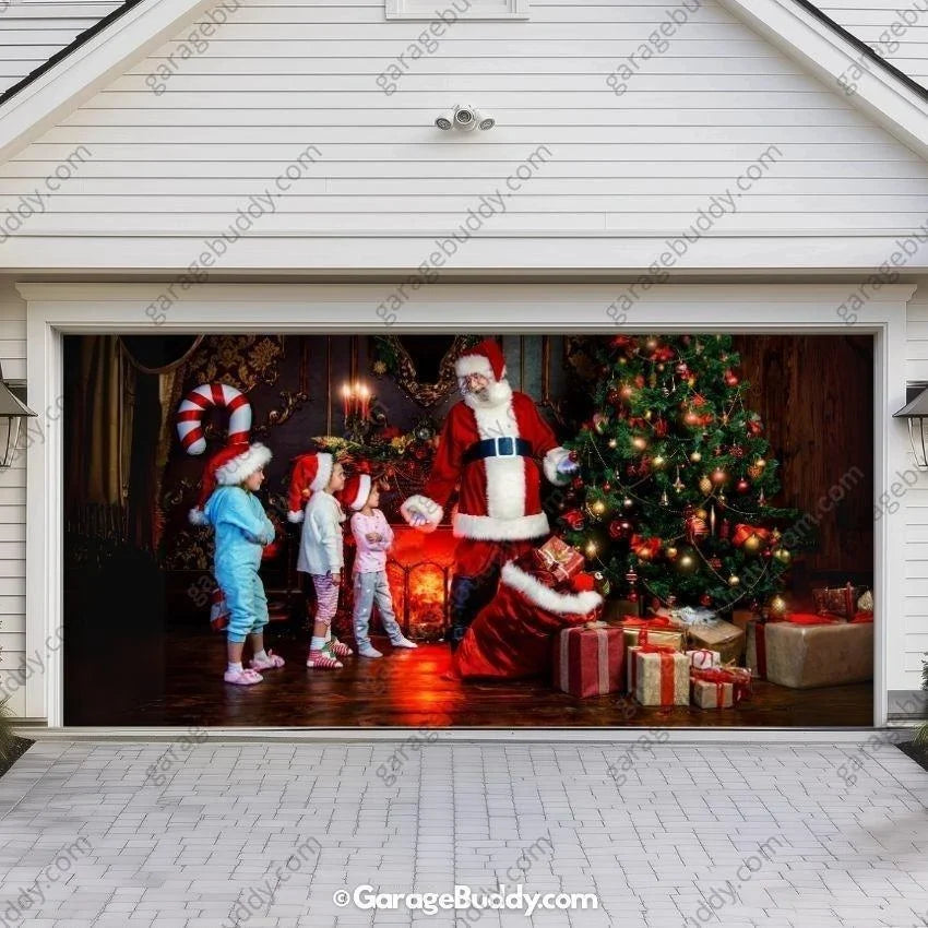 Santa with Kids Christmas Garage Door Cover – Festive Holiday Decor for Easy Installation 1
